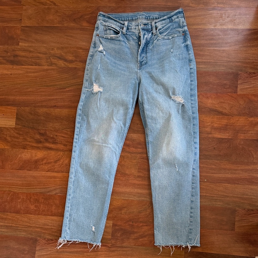 Old Navy Light Blue Distressed Extra High Rise Straight Leg Jeans size 10